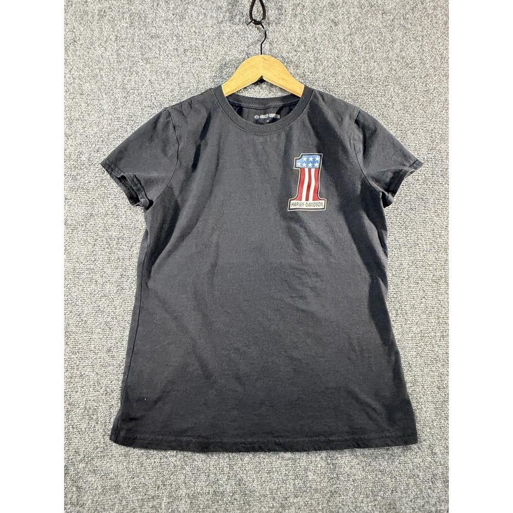 Harley Davidson TShirt Womens M Black Number 1 Flag Patch Logo Tagless Crew Neck